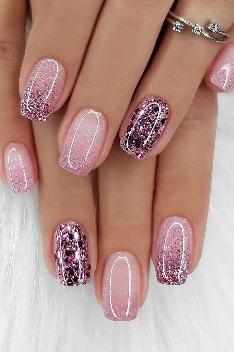 Faux ongles carrés courts et moyens, 24 pièces, scintillants, blancs, portables, argent, couverture complète française, pointes à pression