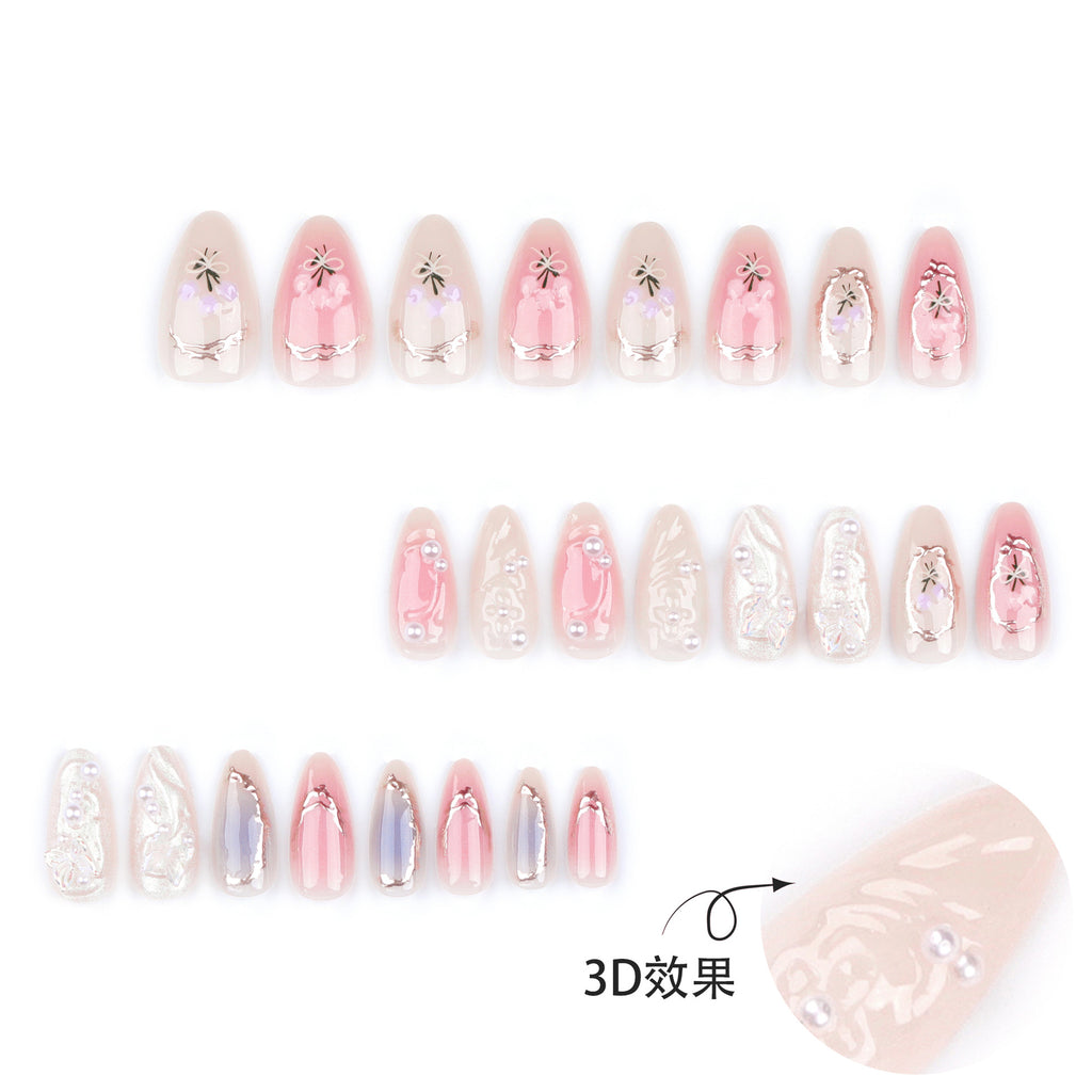 24 pièces rose amande faux ongles papillon Ballet avec Design français faux ongles portables Simple presse artificielle sur les ongles conseils Art