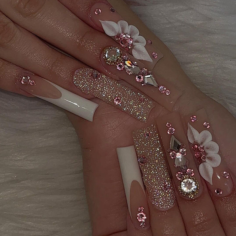 Faux ongles français longs avec colle, 24 pièces, faux ongles de Ballet, Design papillon en strass, pointes à pression pour cercueil portables