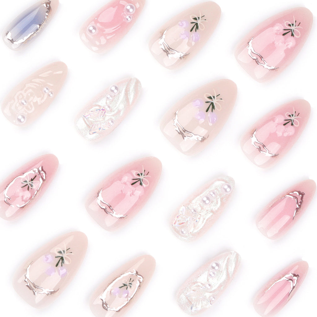24 pièces rose amande faux ongles papillon Ballet avec Design français faux ongles portables Simple presse artificielle sur les ongles conseils Art