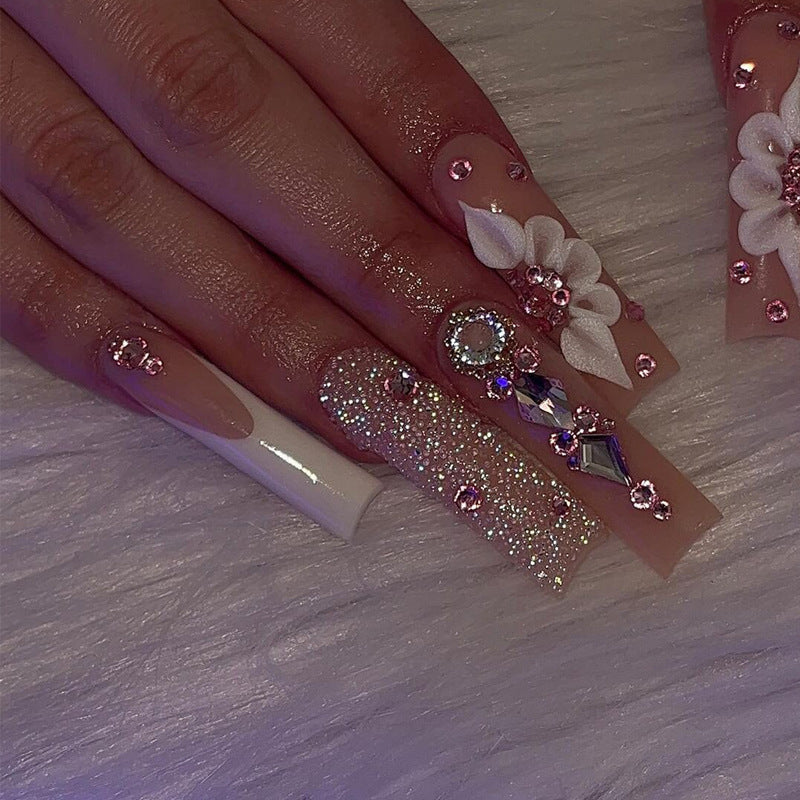 Faux ongles français longs avec colle, 24 pièces, faux ongles de Ballet, Design papillon en strass, pointes à pression pour cercueil portables