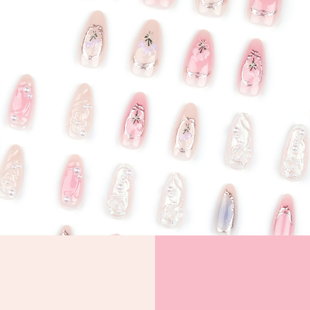 24 pièces rose amande faux ongles papillon Ballet avec Design français faux ongles portables Simple presse artificielle sur les ongles conseils Art