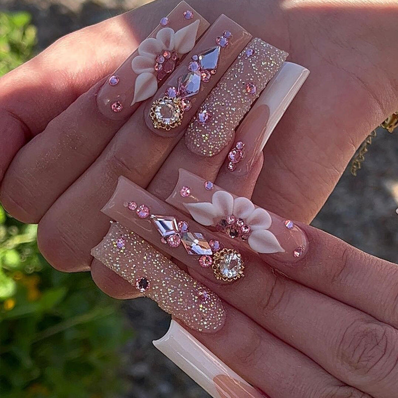 Faux ongles français longs avec colle, 24 pièces, faux ongles de Ballet, Design papillon en strass, pointes à pression pour cercueil portables