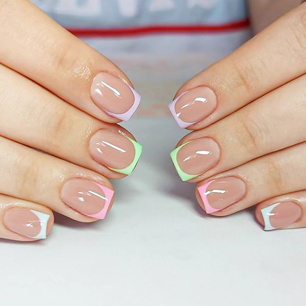 1 boîte couleur bonbon français court carré faux ongles rose/vert/violet couverture complète Macarons presse sur ongles bricolage manucure artificielle