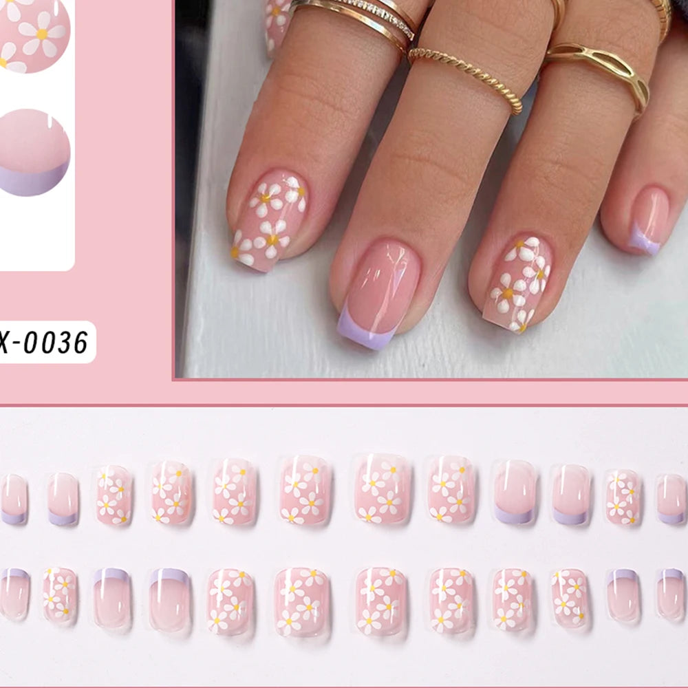 Faux ongles cercueil carrés courts, 24 pièces, à paillettes françaises, portables, couverture complète en acrylique, pointes de Ballet à pression pour femmes