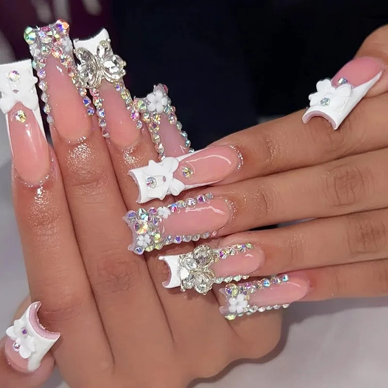 Faux ongles français longs avec colle, 24 pièces, faux ongles de Ballet, Design papillon en strass, pointes à pression pour cercueil portables