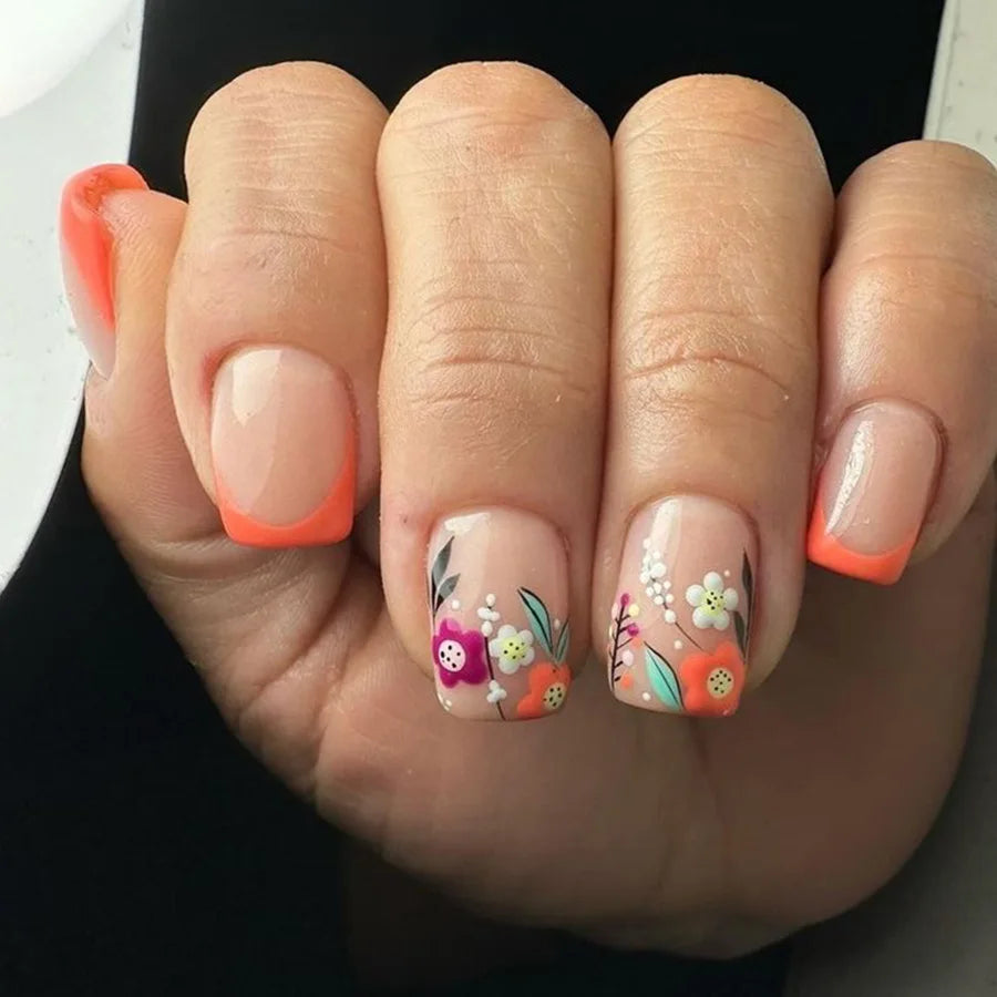 24 pièces fée fleur blanche faux ongles rose pointe française presse sur ongles court carré portable faux ongles pour femmes filles bricolage manucure