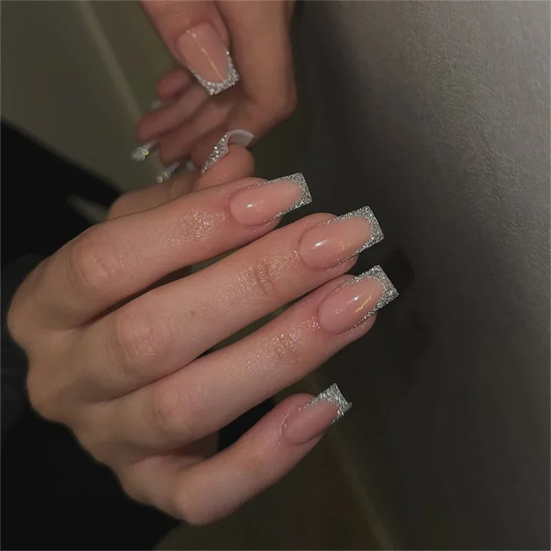 Faux ongles courts N64.avec poudre scintillante pour filles, nail art, couverture complète, français, portable, conseils de manucure, ballet, 24 pièces