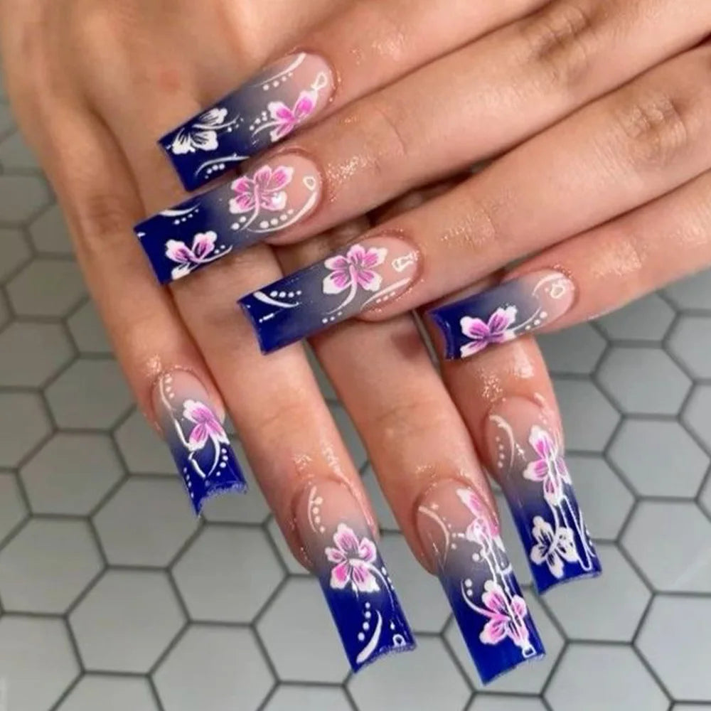Faux ongles français longs avec colle, 24 pièces, faux ongles de Ballet, Design papillon en strass, pointes à pression pour cercueil portables
