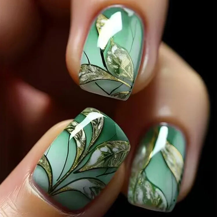 Faux ongles à pression carrée courte, fleur de Jade, poudre scintillante, avec colle, dégradé vert, couverture complète, 24 pièces