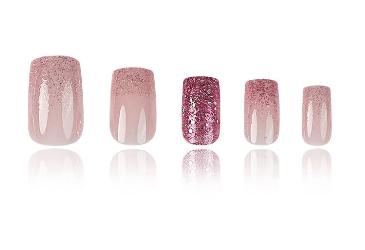 Faux ongles courts N64.avec poudre scintillante pour filles, nail art, couverture complète, français, portable, conseils de manucure, ballet, 24 pièces