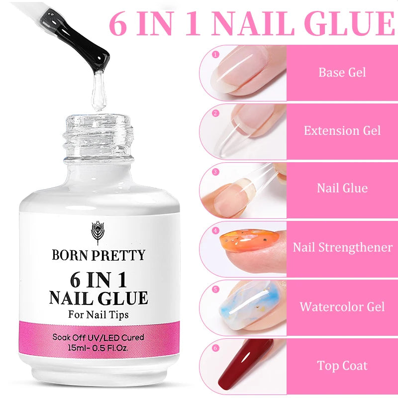BORN PRETTY 6 en 1 colle à ongles Gel 15ML pour ongles acryliques tremper Gel de Base couche de finition Extension UV Gel pour faux ongles conseils Gel