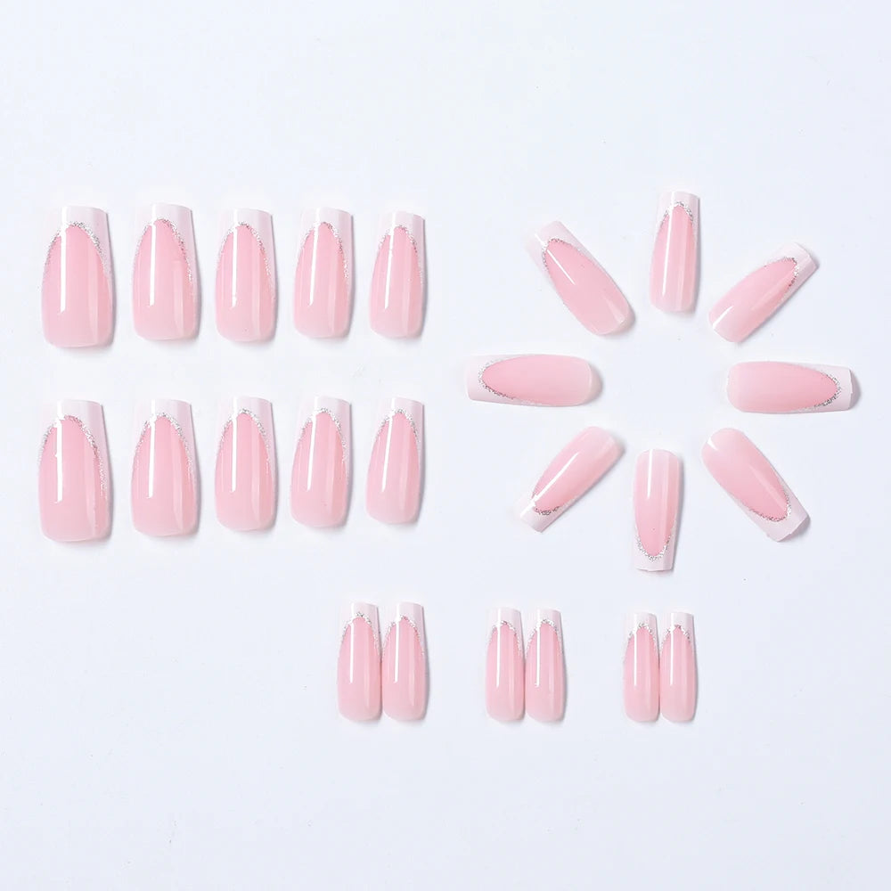 Faux ongles cercueil carrés courts, 24 pièces, à paillettes françaises, portables, couverture complète en acrylique, pointes de Ballet à pression pour femmes