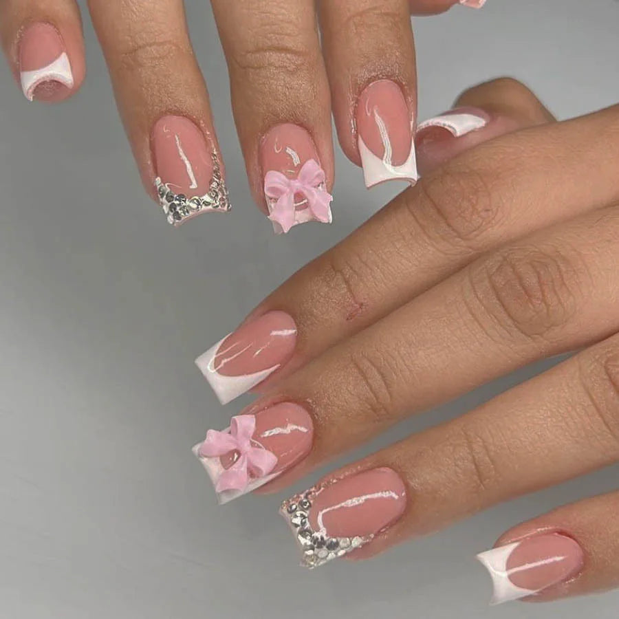 Faux ongles roses de Style français, 24 pièces, motifs de nœud papillon 3D, courts et carrés, à pression, doux, mode coréenne, pour femmes et filles