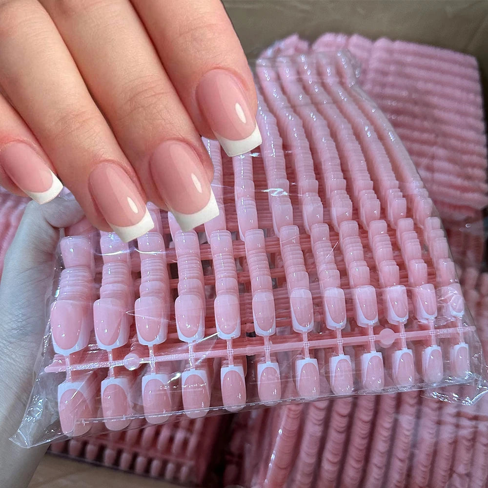 Faux ongles français en forme de cercueil, courts et carrés, rose brillant, couverture complète, portables, à pression, en acrylique, 120 pièces #