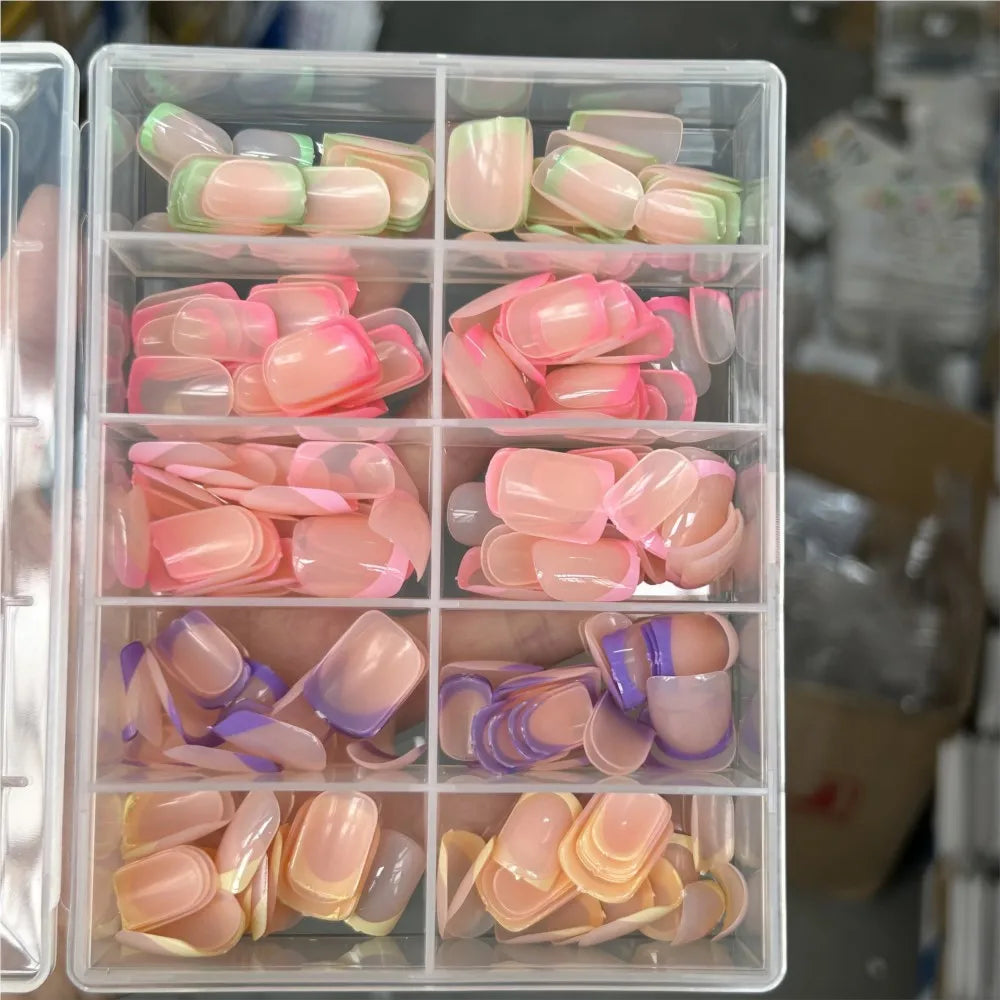 1 boîte couleur bonbon français court carré faux ongles rose/vert/violet couverture complète Macarons presse sur ongles bricolage manucure artificielle