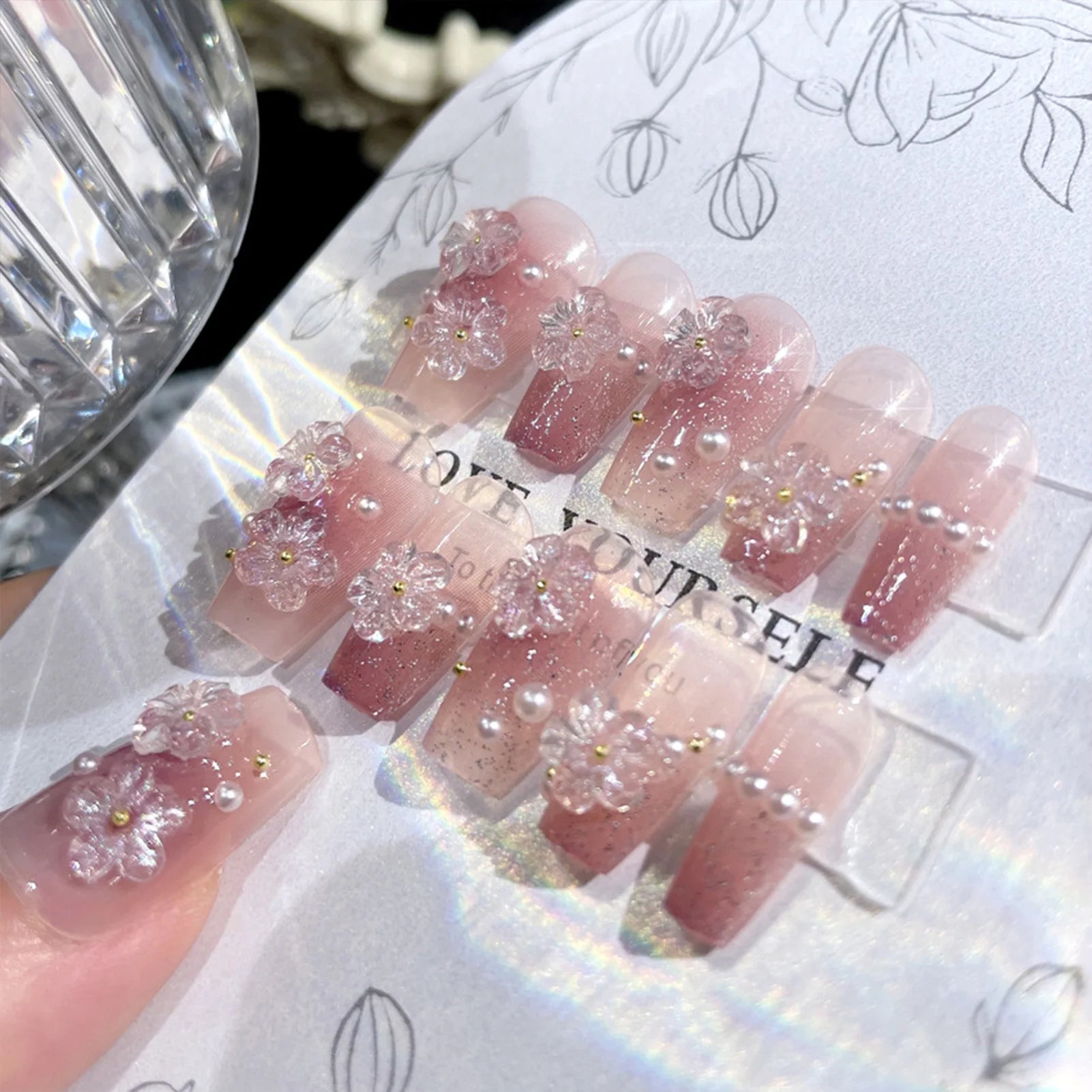 Blush rose faux ongles nœud papillon diamant perle conception 3D presse sur les pointes d'ongles avec bord lisse inoffensif ongles femme faux ongles à faire soi-même
