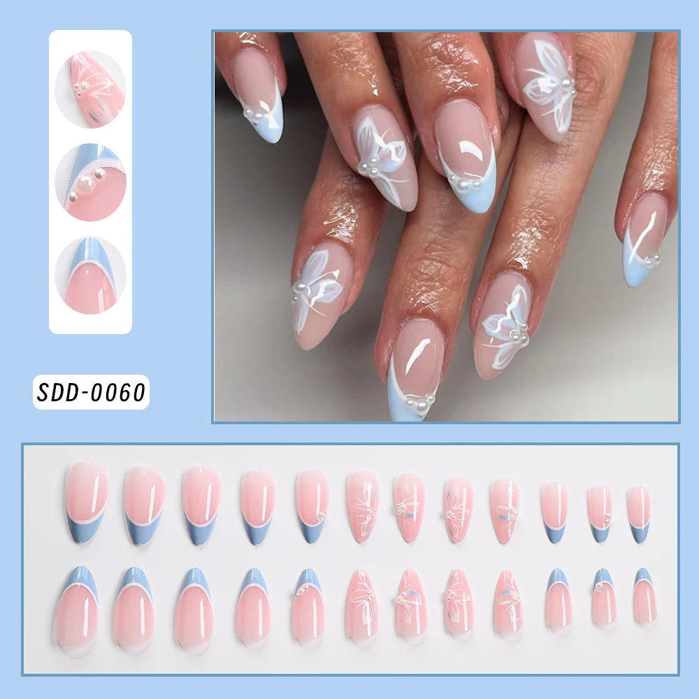 24 pièces arc perle presse sur faux ongles nu rose amande français bâton sur faux ongles coréen doux filles portable presse sur ongles + outil