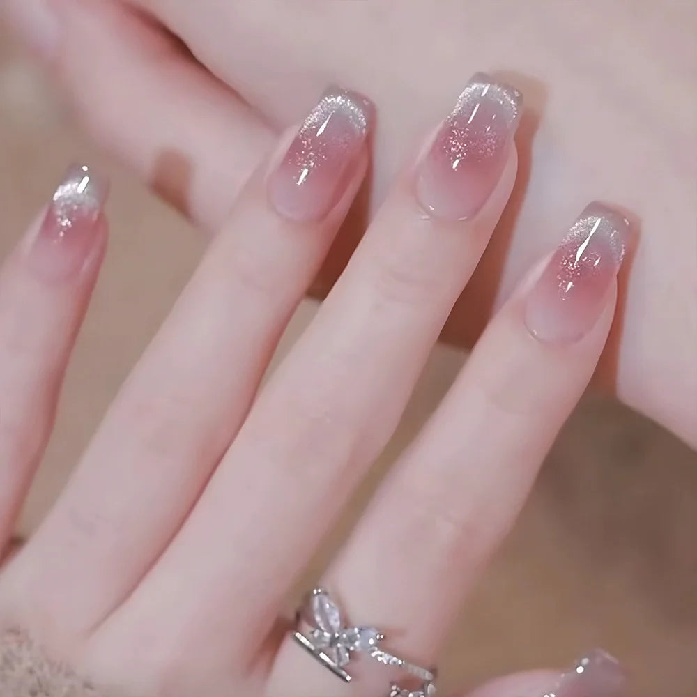 Faux ongles courts N64.avec poudre scintillante pour filles, nail art, couverture complète, français, portable, conseils de manucure, ballet, 24 pièces