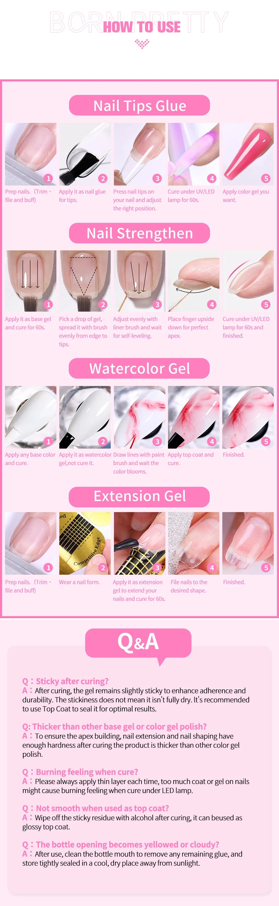 BORN PRETTY 6 en 1 colle à ongles Gel 15ML pour ongles acryliques tremper Gel de Base couche de finition Extension UV Gel pour faux ongles conseils Gel