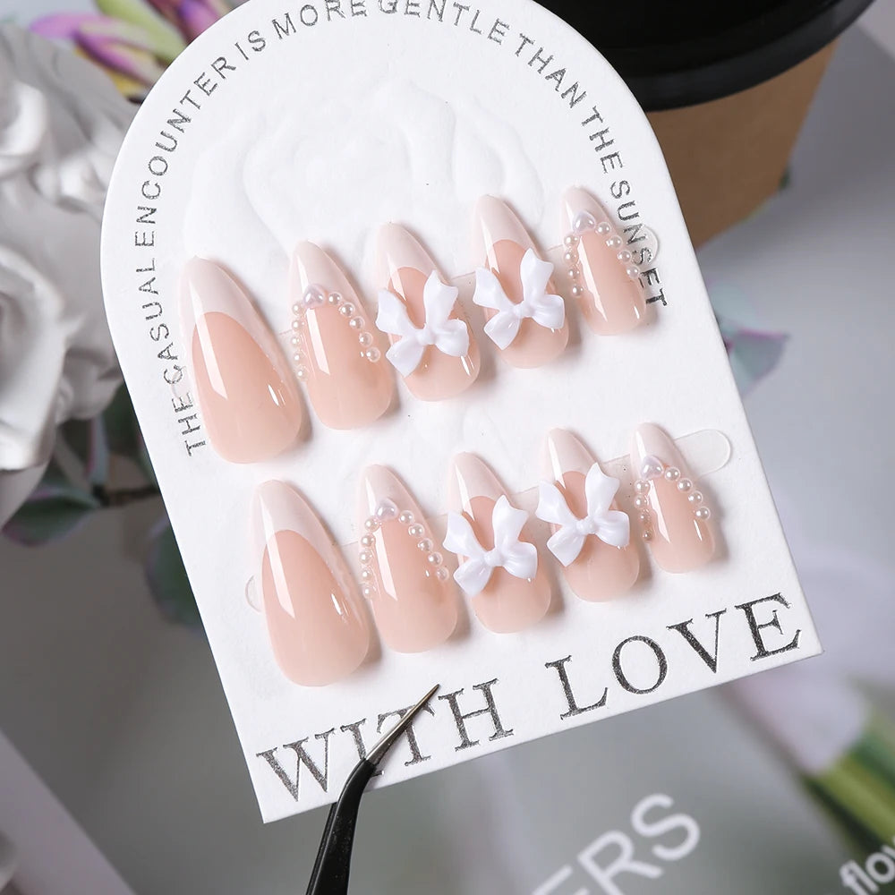 24 pièces arc perle presse sur faux ongles nu rose amande français bâton sur faux ongles coréen doux filles portable presse sur ongles + outil