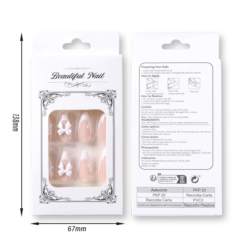 24 pièces arc perle presse sur faux ongles nu rose amande français bâton sur faux ongles coréen doux filles portable presse sur ongles + outil