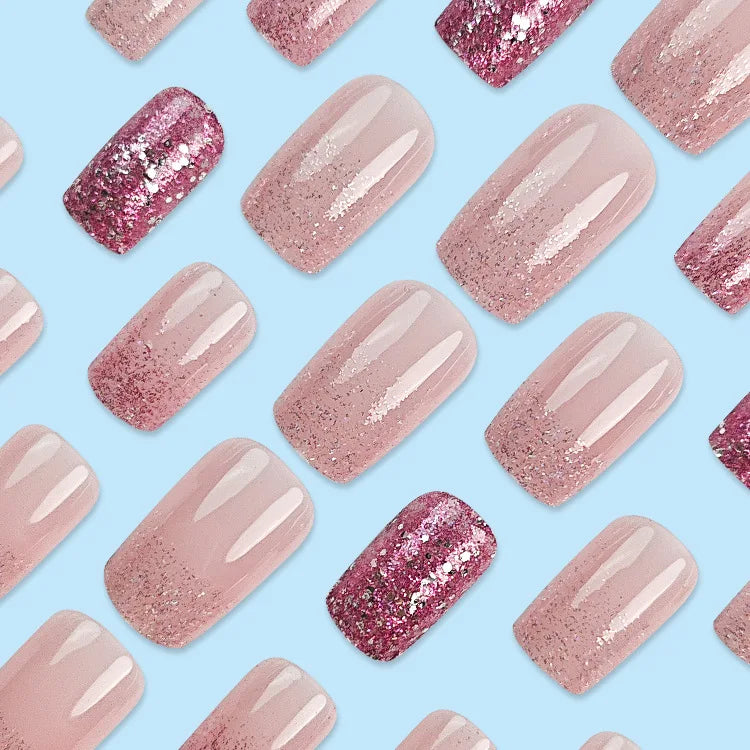 Faux ongles courts N64.avec poudre scintillante pour filles, nail art, couverture complète, français, portable, conseils de manucure, ballet, 24 pièces