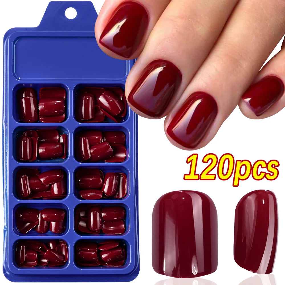 Faux ongles carrés courts rouges, 120 pièces, couverture complète brillante d'été, à pression sur le bout des ongles, en acrylique, cadeau de fête des mères pour femmes