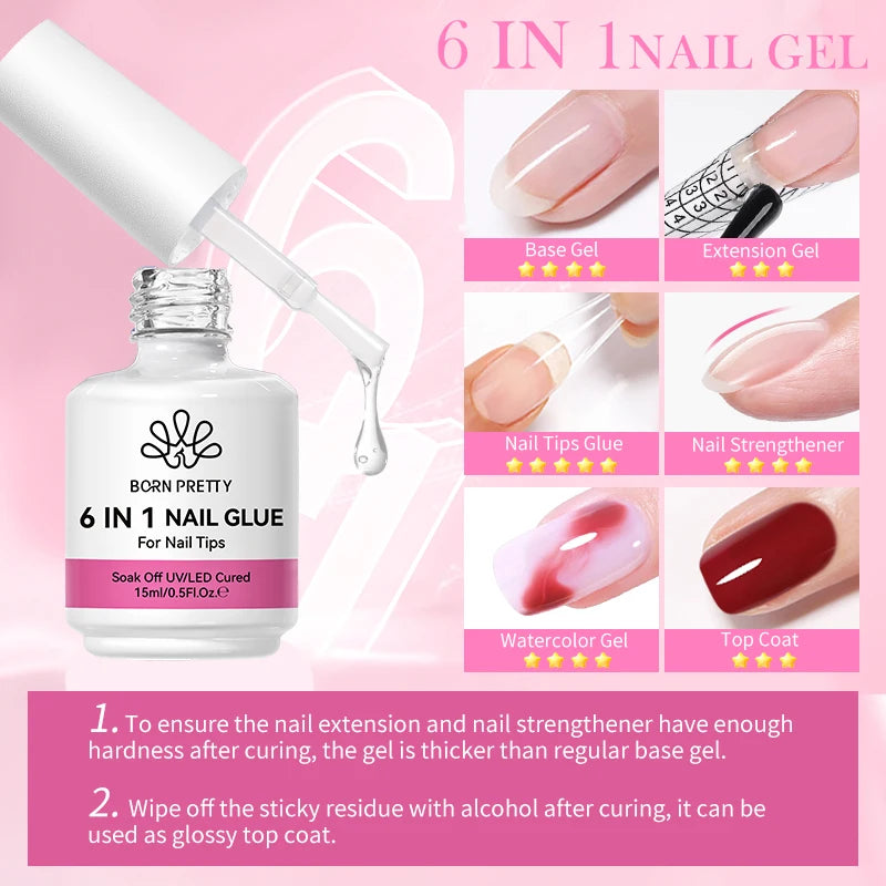 BORN PRETTY 6 en 1 colle à ongles Gel 15ML pour ongles acryliques tremper Gel de Base couche de finition Extension UV Gel pour faux ongles conseils Gel
