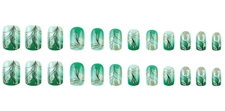 Faux ongles à pression carrée courte, fleur de Jade, poudre scintillante, avec colle, dégradé vert, couverture complète, 24 pièces
