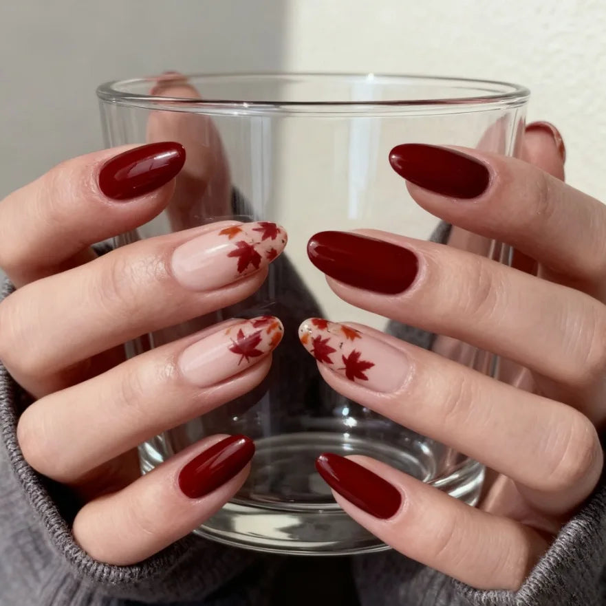 Faux ongles en forme de cercueil, dégradé rouge et noir, longueur moyenne, avec onglets collants, pointes de ballerine pour femmes, 24 pièces