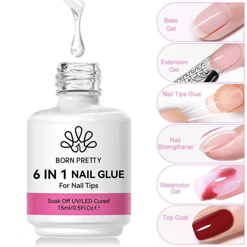 BORN PRETTY 6 en 1 colle à ongles Gel 15ML pour ongles acryliques tremper Gel de Base couche de finition Extension UV Gel pour faux ongles conseils Gel
