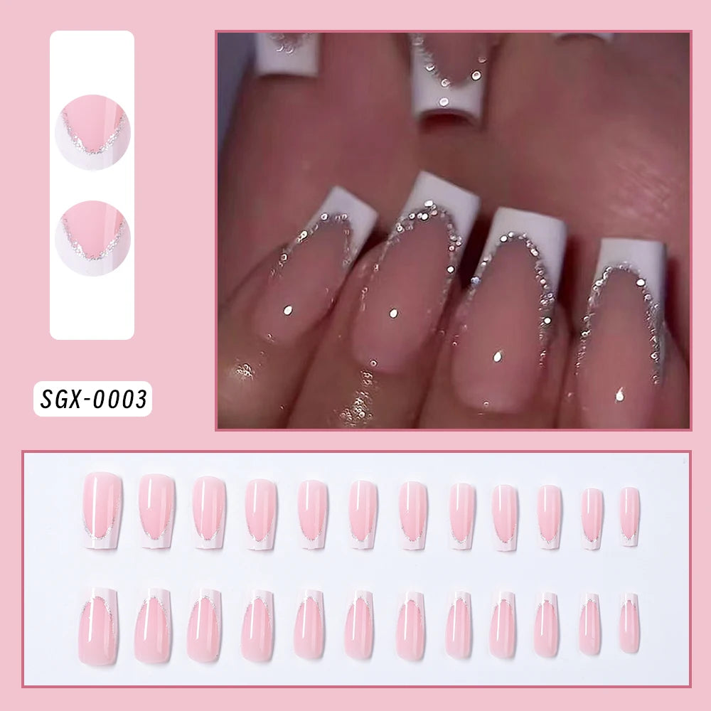 Faux ongles français imprimé léopard rose, 24 pièces, tête carrée courte, nœud papillon noir 3D, couverture complète en acrylique, à pression