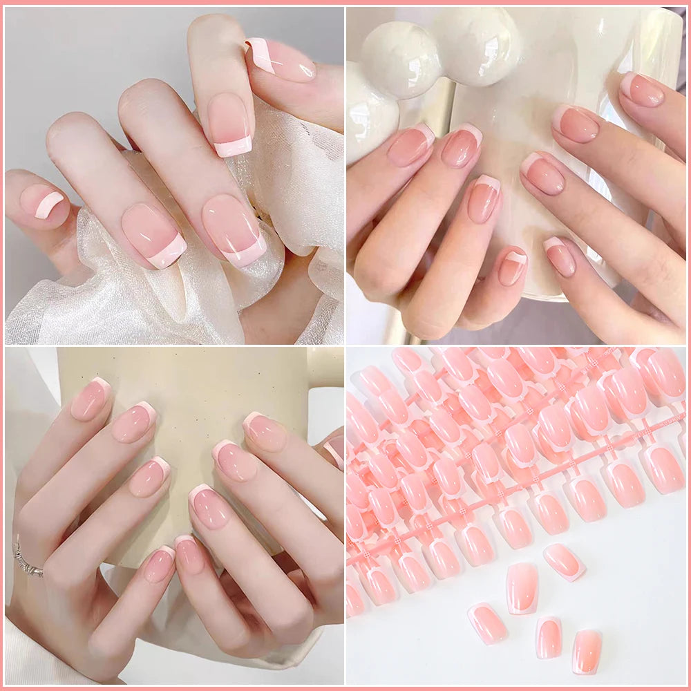 Faux ongles français en forme de cercueil, courts et carrés, rose brillant, couverture complète, portables, à pression, en acrylique, 120 pièces #
