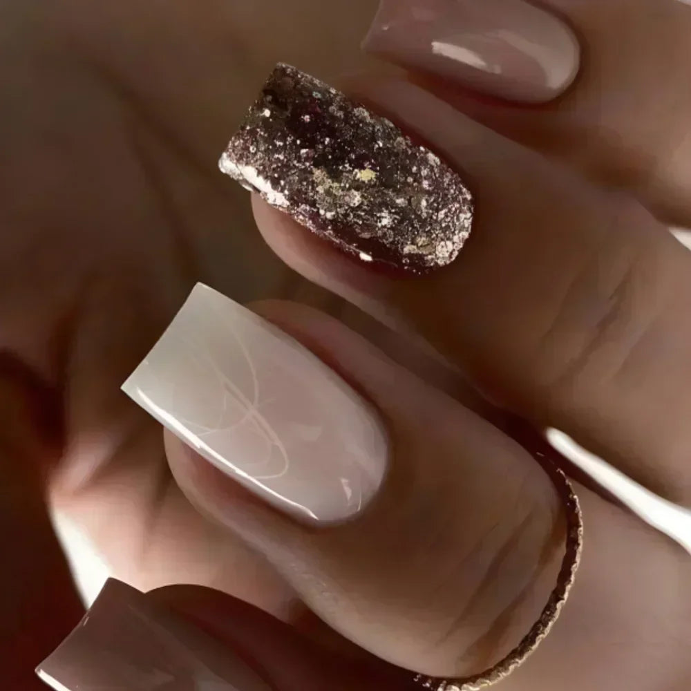 Faux ongles à pression carrée courte, fleur de Jade, poudre scintillante, avec colle, dégradé vert, couverture complète, 24 pièces