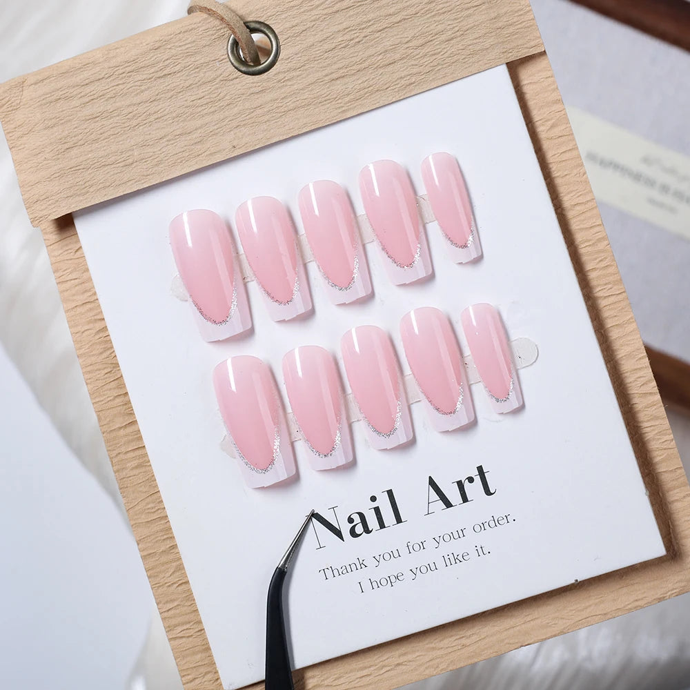 Faux ongles cercueil carrés courts, 24 pièces, à paillettes françaises, portables, couverture complète en acrylique, pointes de Ballet à pression pour femmes