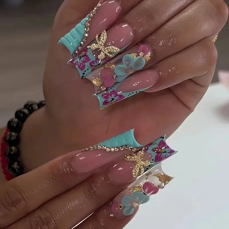 Faux ongles français longs avec colle, 24 pièces, faux ongles de Ballet, Design papillon en strass, pointes à pression pour cercueil portables