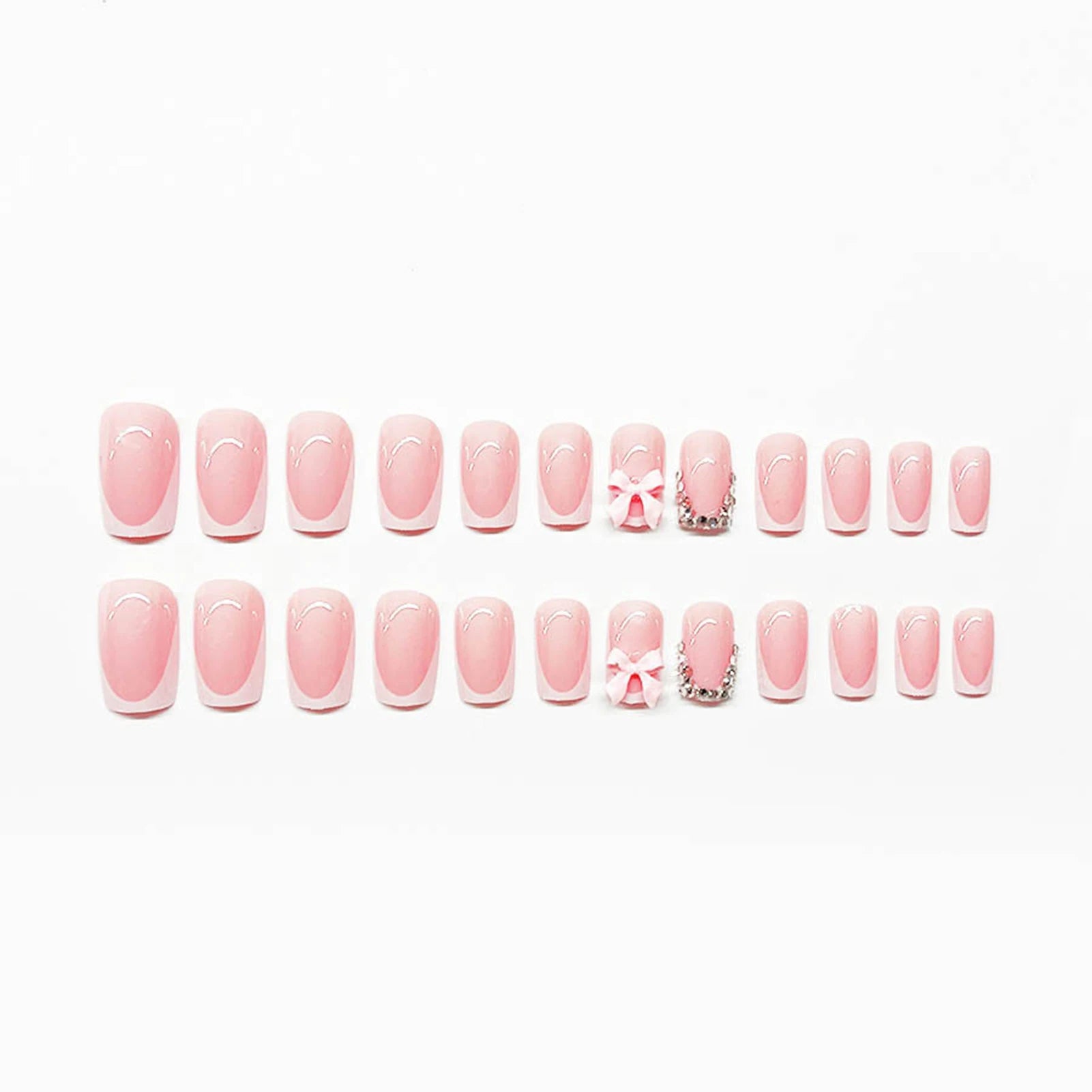 Faux ongles courts à presser pour filles et femmes, faux ongles coréens doux, nœud papillon rose, diamant brillant portable, N64.N64.Pink, 24 pièces