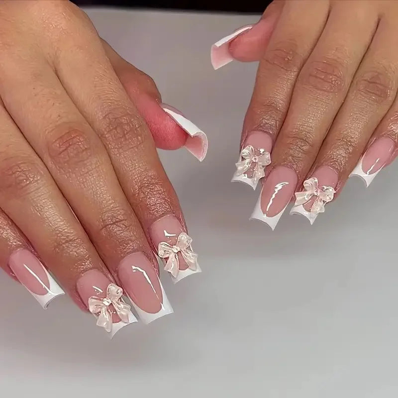 Conseils français noirs presse sur les ongles 3D blanc nœud papillon alliage étoiles modèles faux ongles Ballet charmes faux ongles manucure coréenne 24 pièces