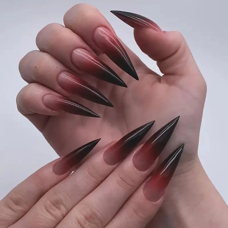 Faux ongles en forme de cercueil, dégradé rouge et noir, longueur moyenne, avec onglets collants, pointes de ballerine pour femmes, 24 pièces