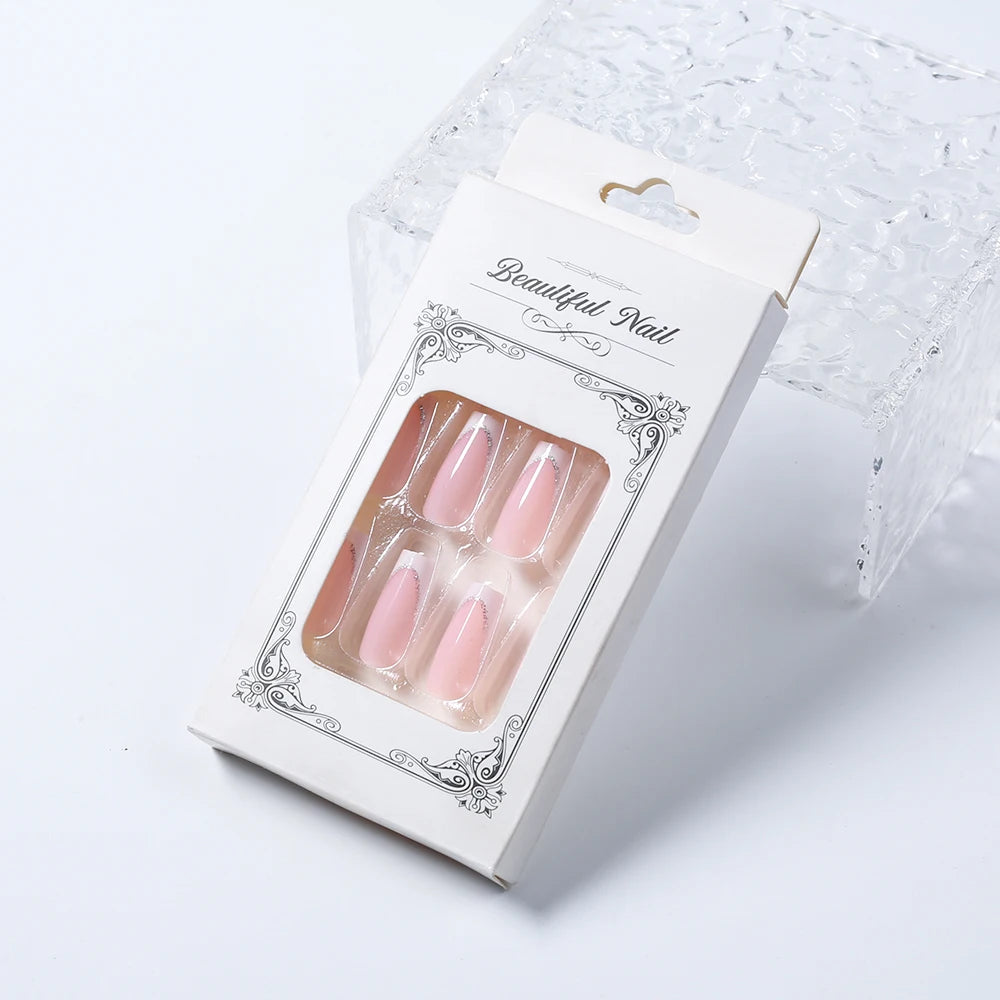 Faux ongles cercueil carrés courts, 24 pièces, à paillettes françaises, portables, couverture complète en acrylique, pointes de Ballet à pression pour femmes