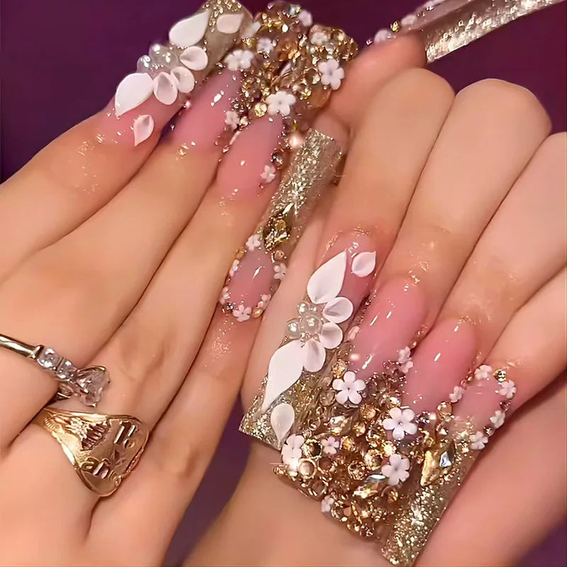 Faux ongles français longs avec colle, 24 pièces, faux ongles de Ballet, Design papillon en strass, pointes à pression pour cercueil portables