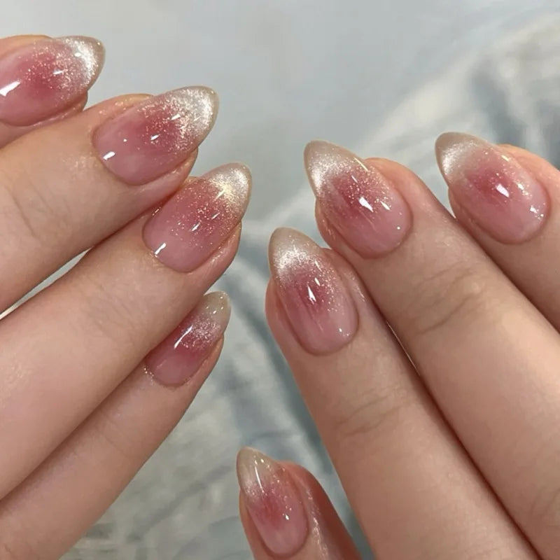24 pièces Aurora Nude Rose presse sur ongles amande acrylique Simple faux ongles avec dégradé conception ongles Chrome couleur unie faux ongles