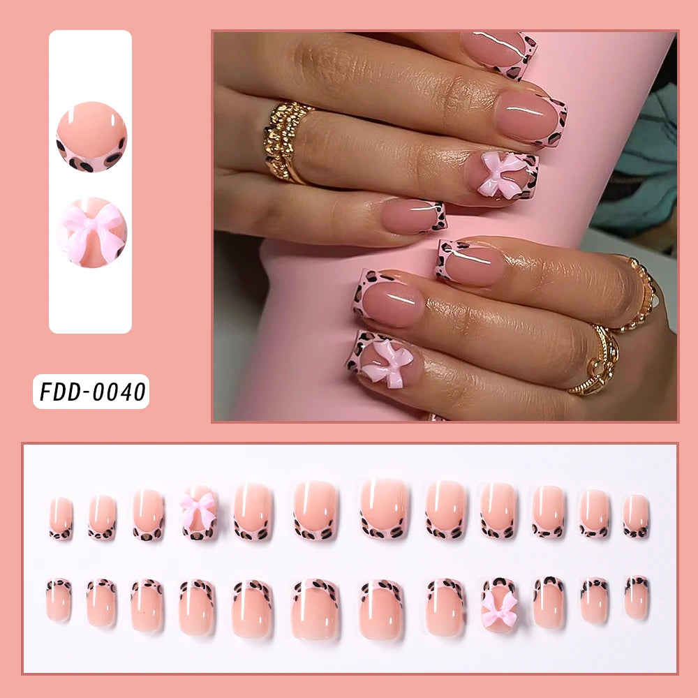 24 pièces arc perle presse sur faux ongles nu rose amande français bâton sur faux ongles coréen doux filles portable presse sur ongles + outil