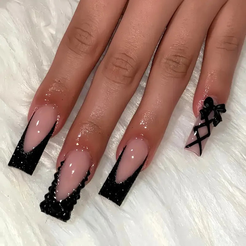 Faux ongles français longs avec colle, 24 pièces, faux ongles de Ballet, Design papillon en strass, pointes à pression pour cercueil portables