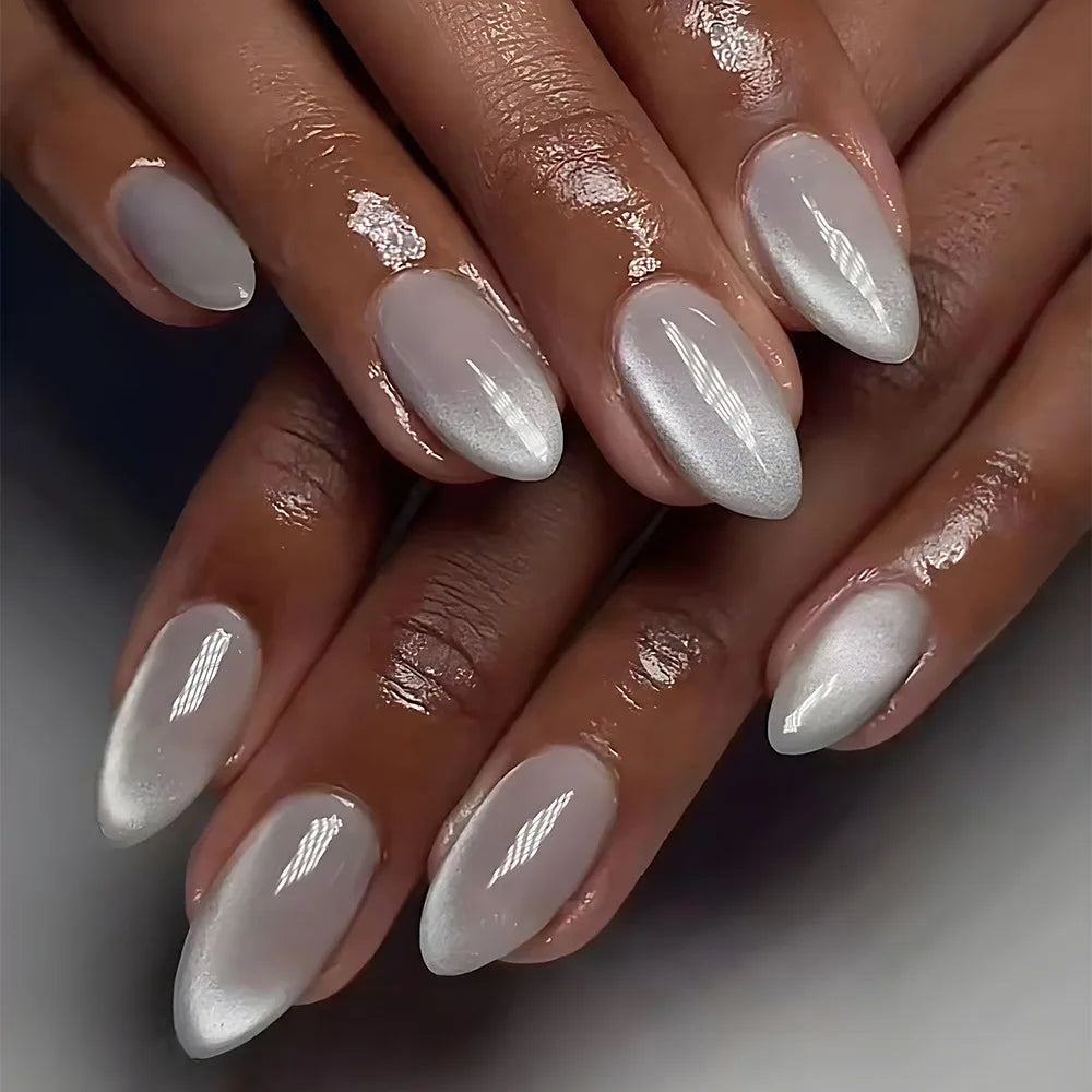 24 pièces Aurora Nude Rose presse sur ongles amande acrylique Simple faux ongles avec dégradé conception ongles Chrome couleur unie faux ongles