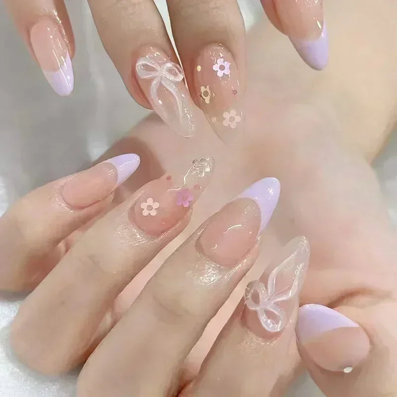 24 pièces rose amande faux ongles papillon Ballet avec Design français faux ongles portables Simple presse artificielle sur les ongles conseils Art