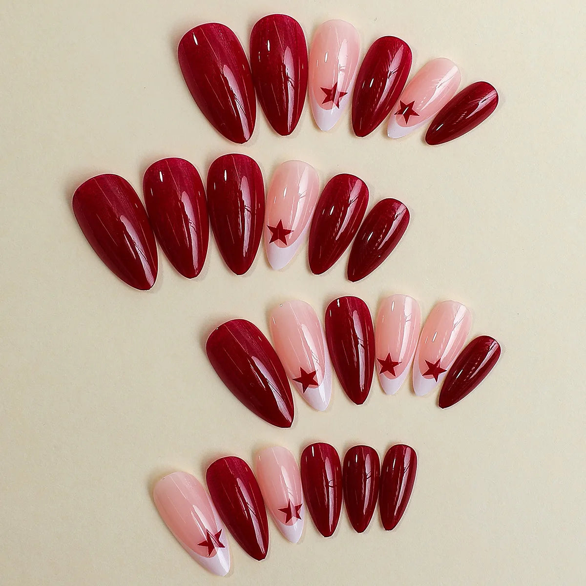 Faux ongles français rouge étoile à cinq branches, couverture complète, pointes à pression y2k, patchs artificiels en amande pour Nail Art