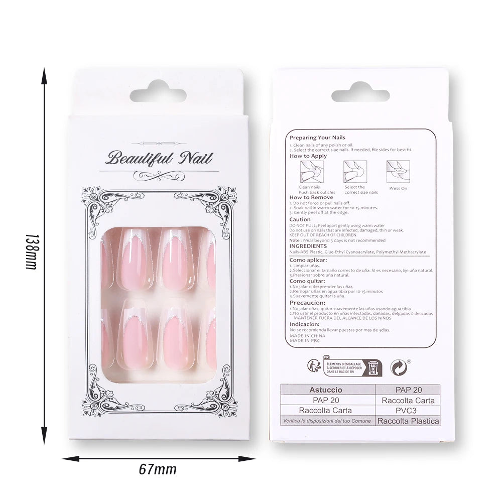 Faux ongles cercueil carrés courts, 24 pièces, à paillettes françaises, portables, couverture complète en acrylique, pointes de Ballet à pression pour femmes