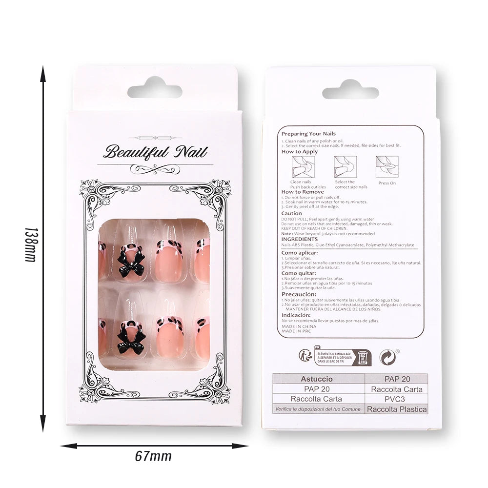 Faux ongles français imprimé léopard rose, 24 pièces, tête carrée courte, nœud papillon noir 3D, couverture complète en acrylique, à pression
